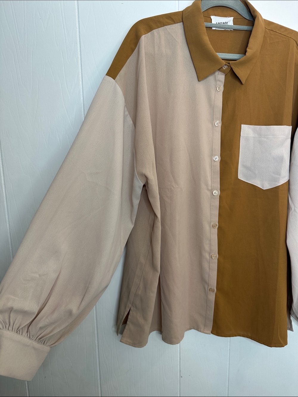Andree Colorblock Button-Down Shirt in Brown and Beige - Picture 4 of 10
